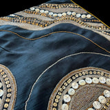 Jagdish Store midnight blue throw pillow cover with gold sequins, glass beads, and white button embellishments.