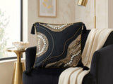 Jagdish Store midnight blue cushion cover with gold sequins, glass beads, white buttons, and black corner tassels.
