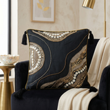 Jagdish Store midnight blue cushion cover with gold sequins, glass beads, white buttons, and black corner tassels.
