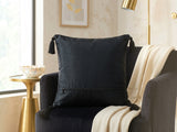Jagdish Store midnight blue cushion cover with gold sequins, glass beads, white buttons, and black corner tassels.