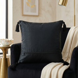Jagdish Store midnight blue cushion cover with gold sequins, glass beads, white buttons, and black corner tassels.