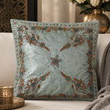 Jagdish Store light blue satin throw pillow cover with copper embroidery, sequins, and turquoise faux gemstones.