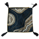 Jagdish Store midnight blue throw pillow cover with gold sequins, glass beads, white buttons, and black corner tassels.