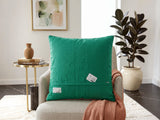 Jagdish Store pink quilted cushion cover with embroidered silver thread, colorful beads, and emerald green border.