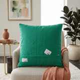 Jagdish Store pink quilted cushion cover with embroidered silver thread, colorful beads, and emerald green border.