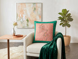 Jagdish Store pink quilted cushion cover with embroidered silver thread, colorful beads, and emerald green border.