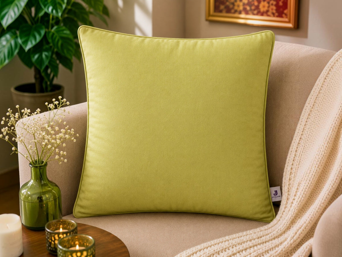 Jagdish Store lime green cushion cover with embroidered orange and gold floral pattern. Textured fabric.