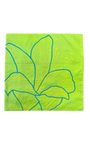 Jagdish Store lime green pillow cover with embroidered yellow floral design and teal outlines. Textured fabric.