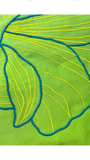 Jagdish Store lime green pillow cover with embroidered yellow floral design and teal outlines. Textured fabric.