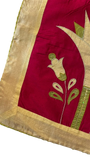 Jagdish Store decorative pillow cover with crimson red fabric, gold lotus embroidery, and gold trim. Features green accents.