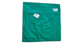 Jagdish Store decorative pillow cover, emerald green with pink piping, zippered closure, embroidered details.