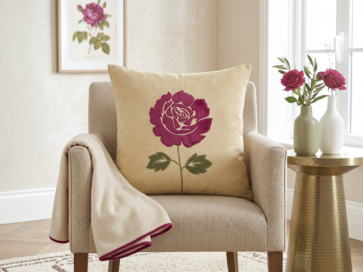 Jagdish Store cream plush decorative  cushion  cover with embroidered magenta rose and green leaves.