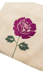 Jagdish Store cream pillow cover with embroidered magenta rose and green leaves. Plush fabric.