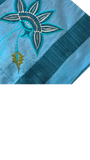 Jagdish Store embroidered decorative pillow cover in shimmering turquoise with teal, white, and gold floral embroidery and teal striped panels.