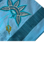 Jagdish Store embroidered decorative pillow cover in shimmering turquoise with teal, white, and gold floral embroidery and teal striped panels.