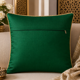 Jagdish Store emerald green throw Cushion cover with intricate shimmering gold floral embroidery and gold piping.
