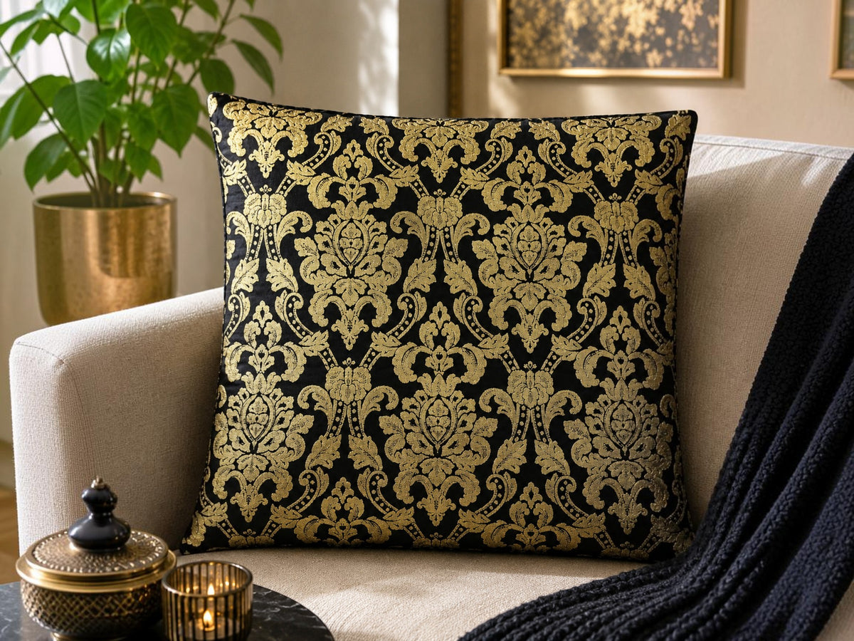 Jagdish Store decorative throw cushion cover with metallic gold damask pattern on black fabric. Back is black velvet.