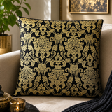Jagdish Store decorative throw cushion cover with metallic gold damask pattern on black fabric. Back is black velvet.