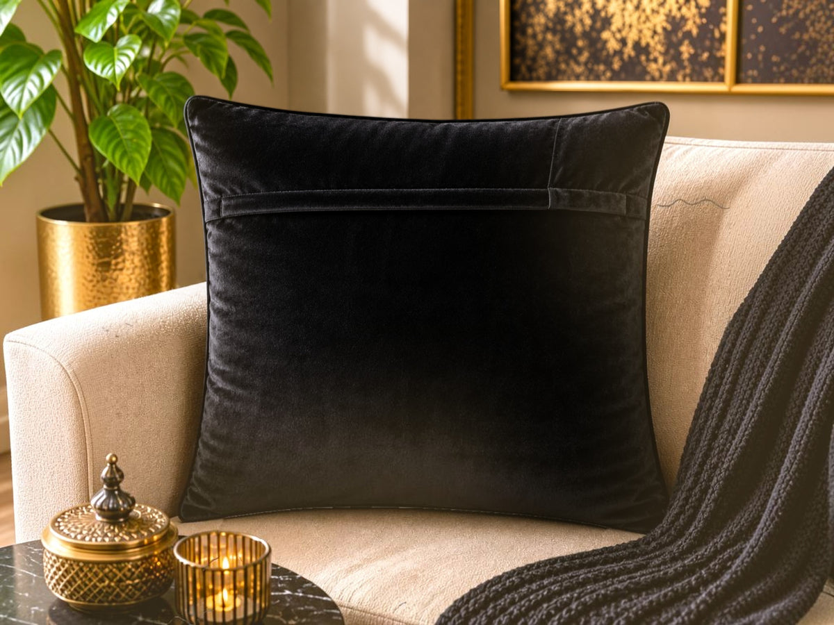 Jagdish Store decorative throw cushion cover with metallic gold damask pattern on black fabric. Back is black velvet.