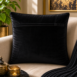 Jagdish Store decorative throw cushion cover with metallic gold damask pattern on black fabric. Back is black velvet.