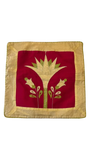 Jagdish Store gold and red floral patchwork polyester cushion cover with zipper closure, 16x16 inch square design.