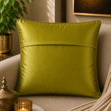 Jagdish Store decorative cushion cover in lime green satin with white floral lace trim. Elegant floral accents.