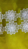 Jagdish Store decorative pillow cover in lime green satin with white floral lace trim. Elegant floral accents.