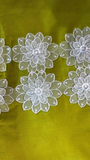 Jagdish Store decorative pillow cover in lime green satin with white floral lace trim. Elegant floral accents.