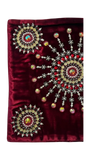 Jagdish Store maroon velvet cushion cover with intricate beaded mandala embroidery and decorative crystal accents.