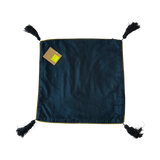 Jagdish Store midnight blue decorative throw pillow cover with gold piping and black corner tassels.