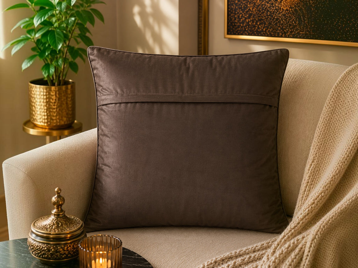 Jagdish Store decorative woven cushion cover in mocha brown with a hot pink stripe and intricate texture.