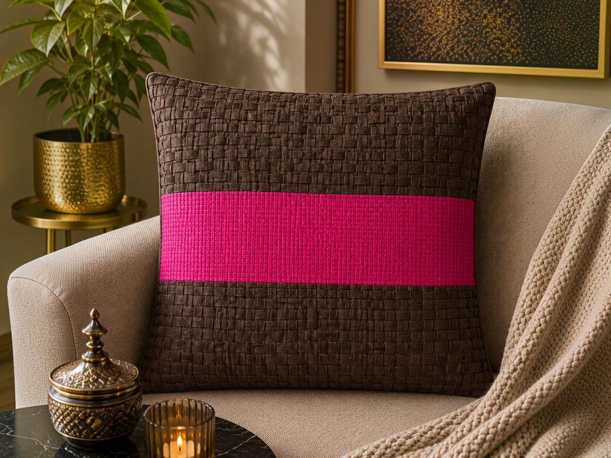 Jagdish Store decorative woven cushion cover in mocha brown with a hot pink stripe and intricate texture.