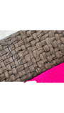 Jagdish Store decorative woven pillow cover in mocha brown with a hot pink stripe and intricate texture.