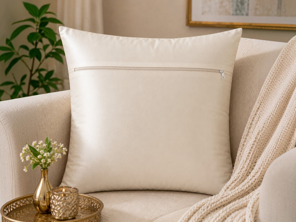 Jagdish Store off-white cushion cover with metallic gold Butterflies print and delicate embellishments.