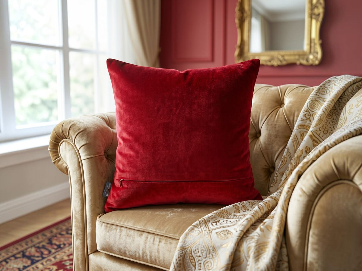 Jagdish Store red velvet cushion cover featuring a hand-embellished crown motif with faux pearls and gold accents.