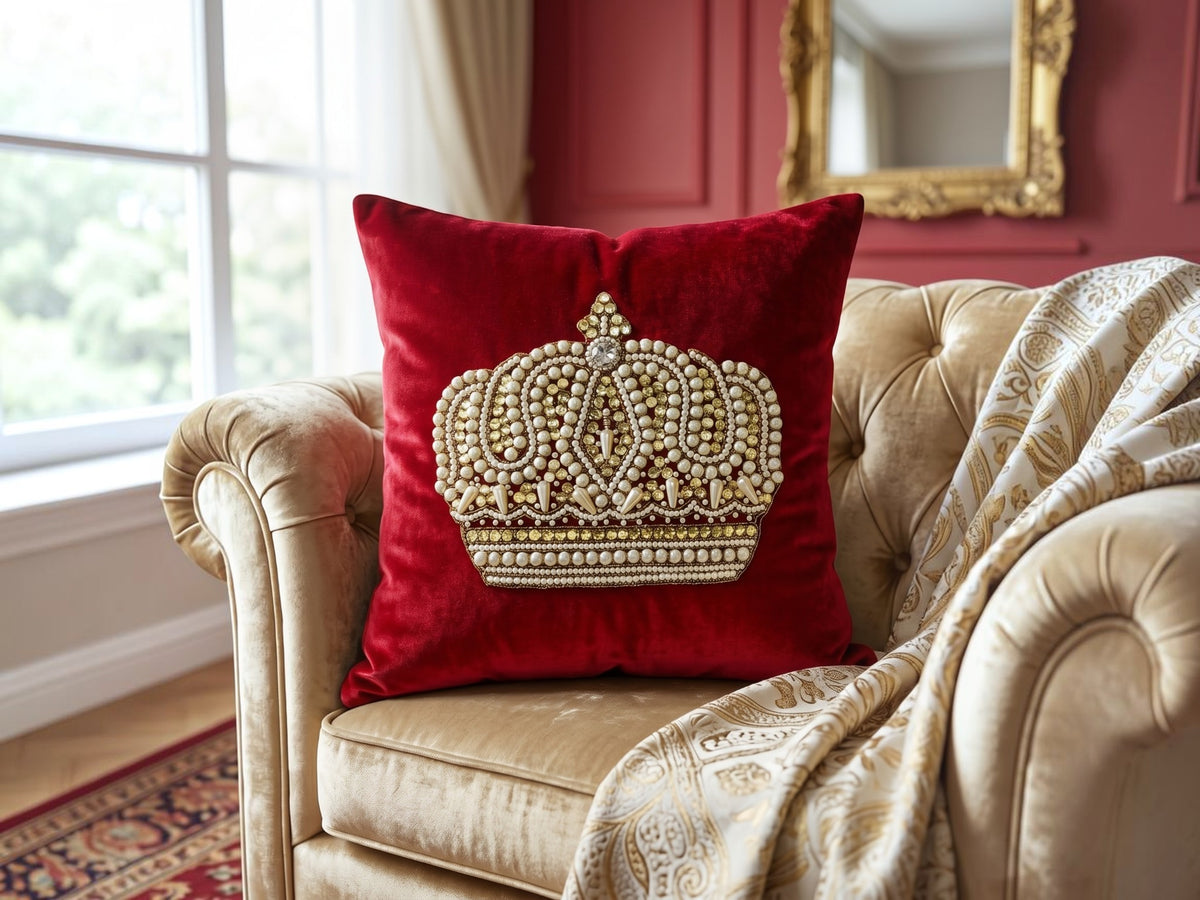 Jagdish Store red velvet cushion cover featuring a hand-embellished crown motif with faux pearls and gold accents.