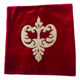 Jagdish Store red velvet throw pillow cover with an intricate gold glitter filigree motif for festive home decor.