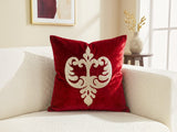 Jagdish Store red velvet cushion cover with an intricate gold glitter filigree motif for festive home decor.