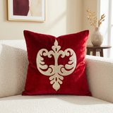 Jagdish Store red velvet cushion cover with an intricate gold glitter filigree motif for festive home decor.