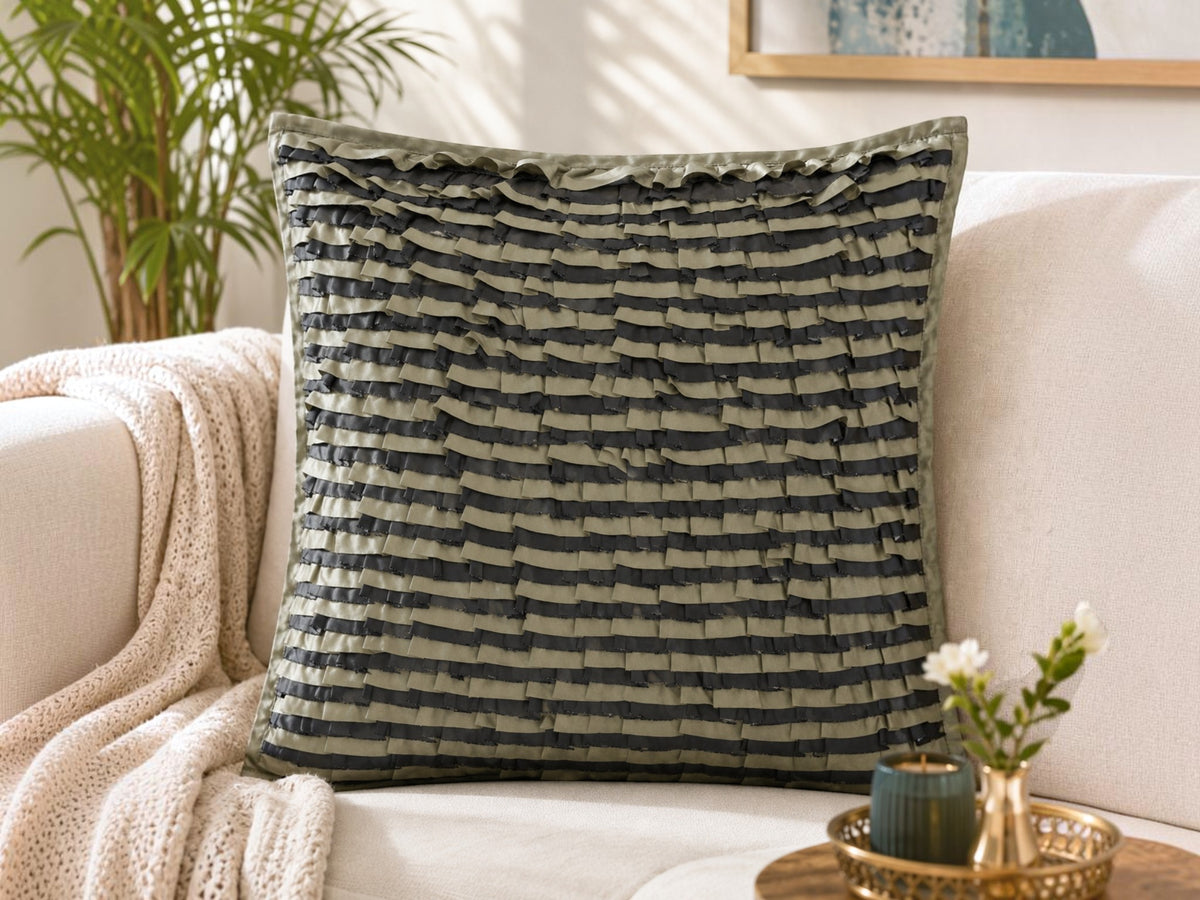 Jagdish Store decorative cushion cover with layered grey and black ruffled fabric for a textured modern look.