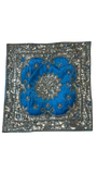 Jagdish Store sky blue polysilk cushion cover with intricate silver sequin embroidery and a decorative floral pattern.