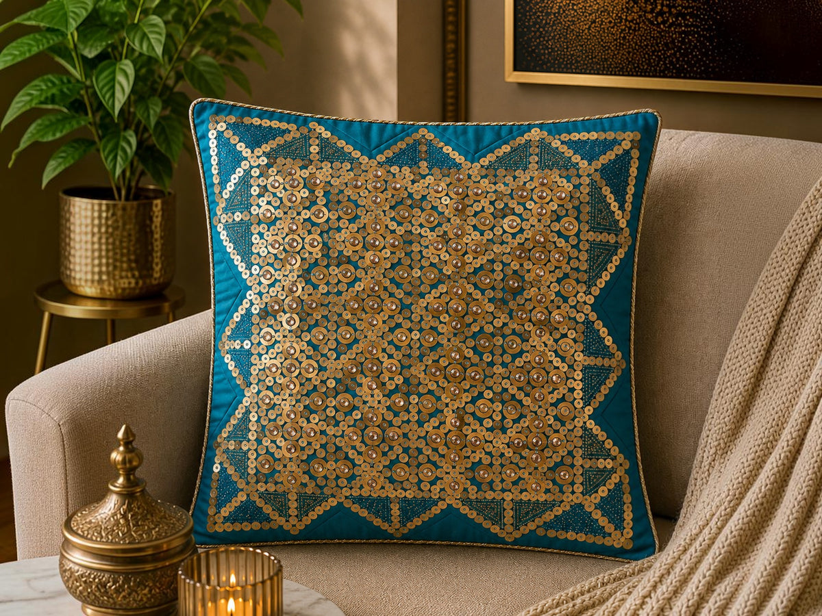 Jagdish Store teal decorative cushion cover with gold sequins and clear bead embellishments in a geometric pattern.