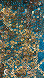 Jagdish Store teal decorative pillow cover with gold sequins and clear bead embellishments in a geometric pattern.
