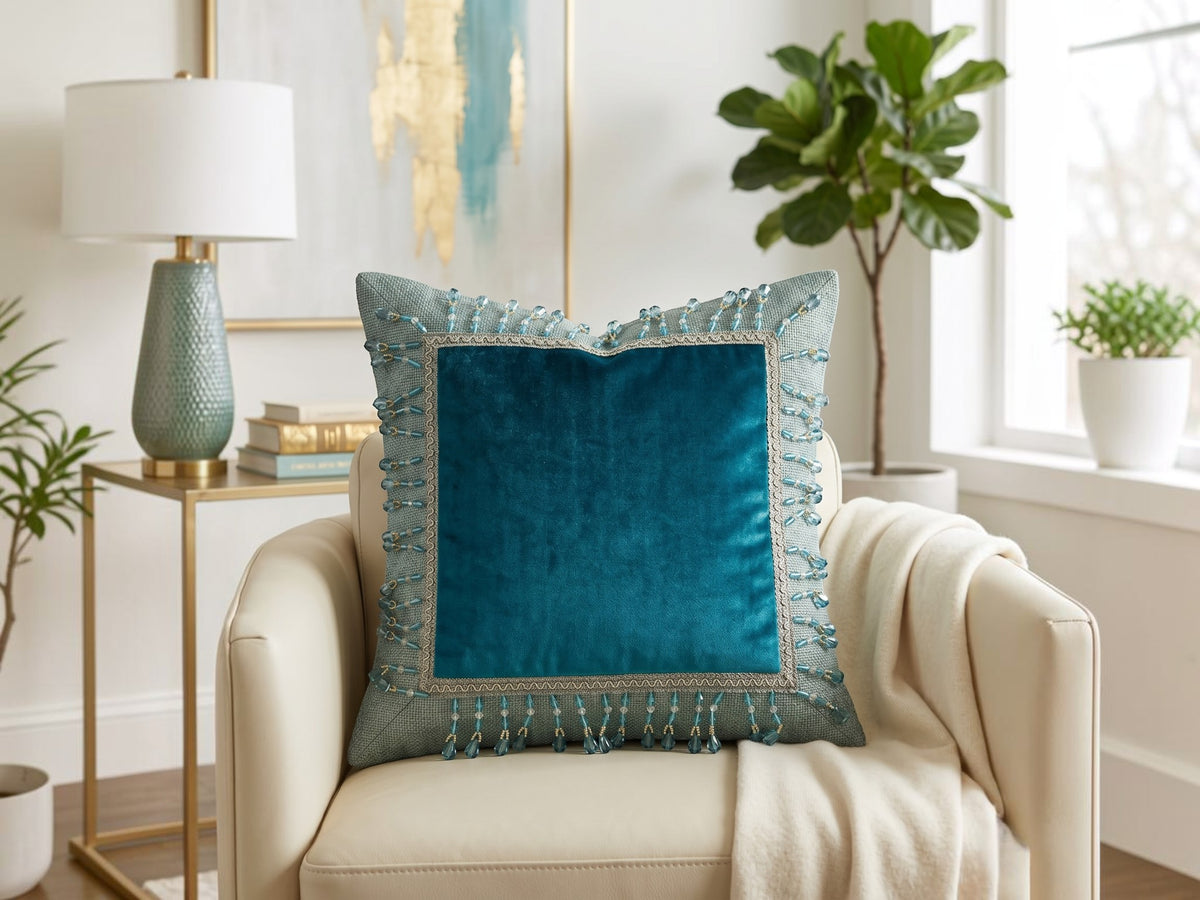 Jagdish Store teal velvet throw pillow cover with woven border and dangling crystal bead fringe trim.