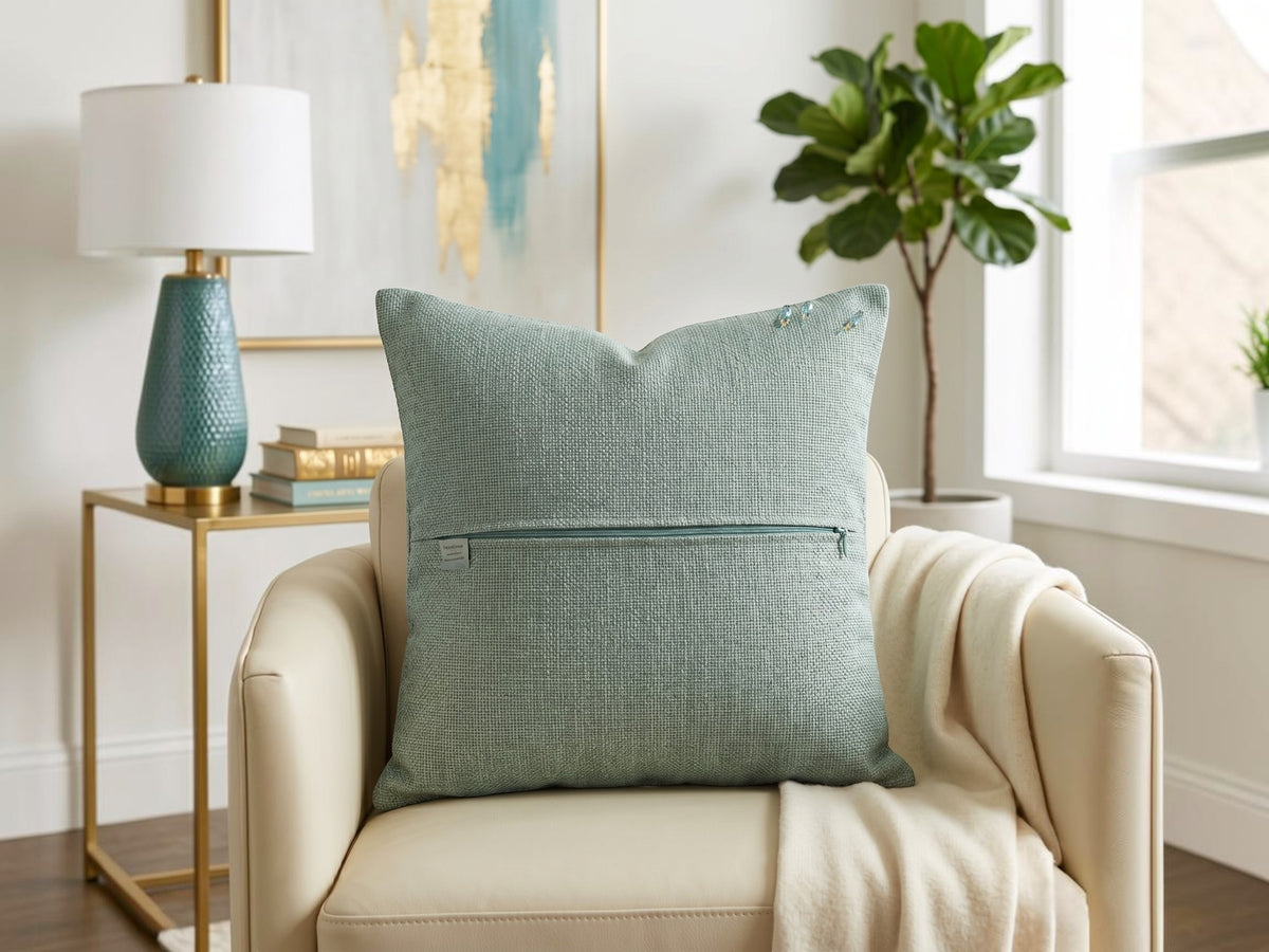 Jagdish Store teal velvet throw pillow cover with woven border and dangling crystal bead fringe trim.