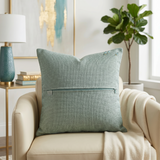 Jagdish Store teal velvet throw pillow cover with woven border and dangling crystal bead fringe trim.