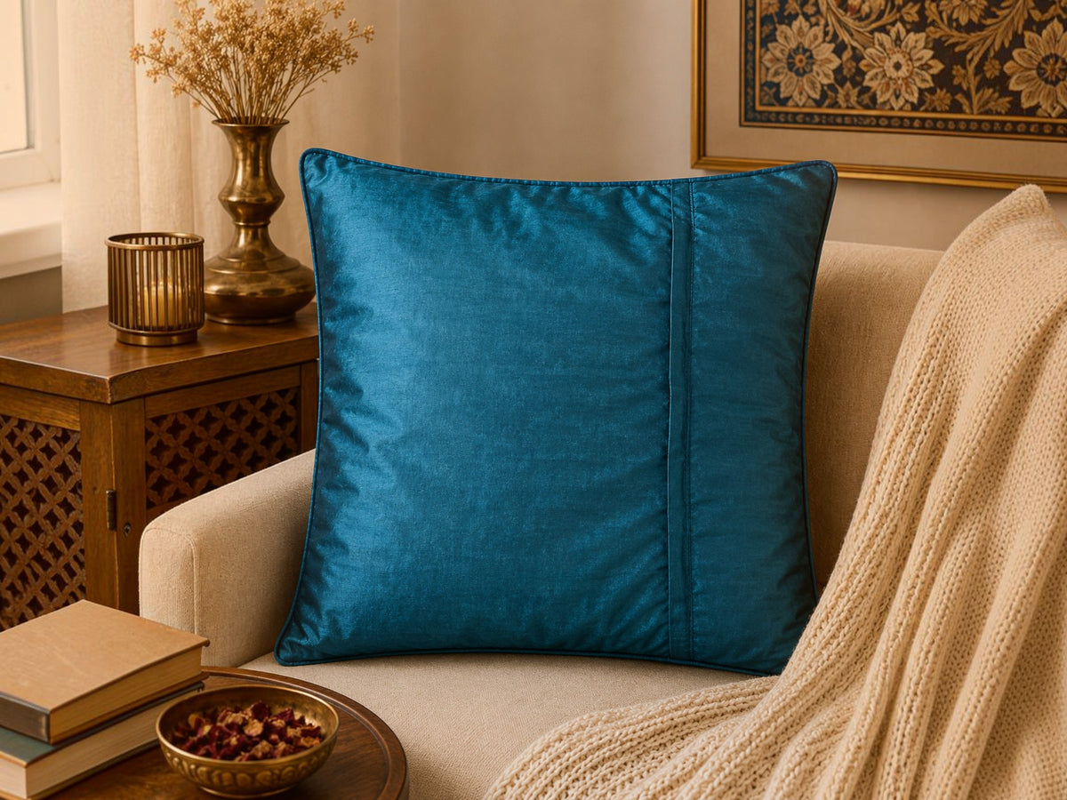Jagdish Store decorative cushion cover with textured blue and gray stripes and smocked detail.