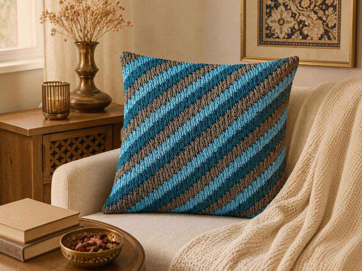 Jagdish Store decorative cushion cover with textured blue and gray stripes and smocked detail.