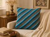 Jagdish Store decorative cushion cover with textured blue and gray stripes and smocked detail.