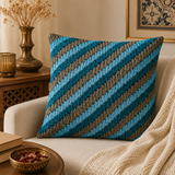 Jagdish Store decorative cushion cover with textured blue and gray stripes and smocked detail.